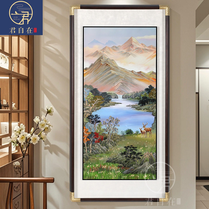 金山聚宝手工铜雕装饰画竖版入户玄关走廊山水画靠山图寓意好高端