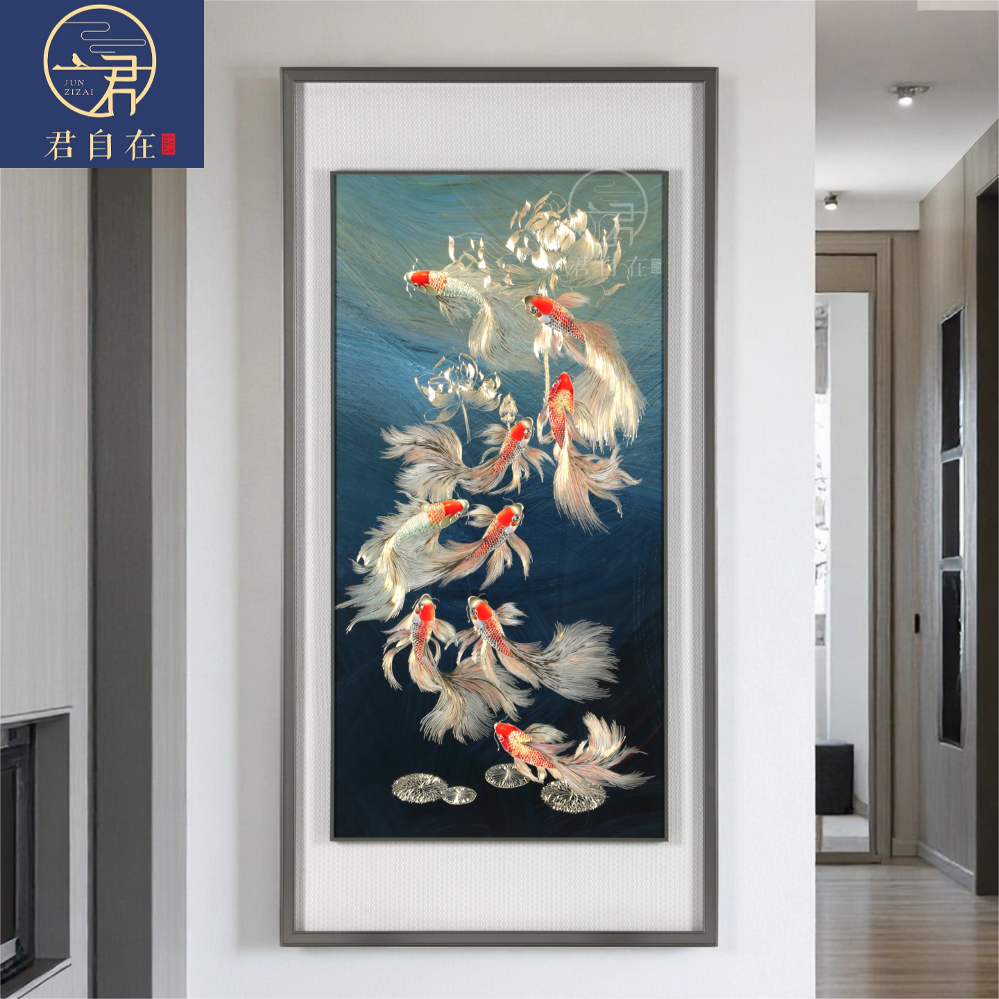 现代简约手工铜板铜雕荷花九鱼图