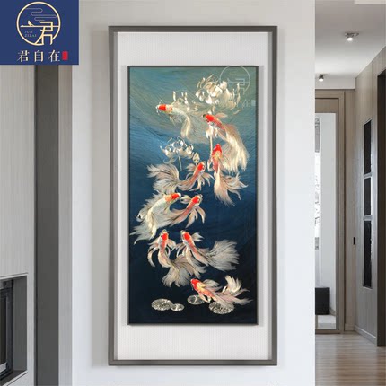 荷花九鱼图现代简约手工铜板铜雕装饰画玄关走廊尽头餐厅高端挂画