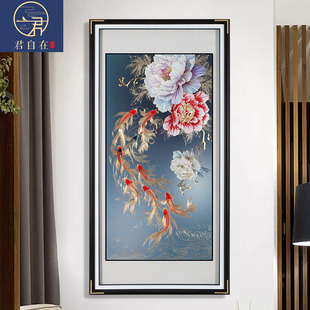 饰画走廊玄关牡丹九鱼图寓意好新中式 富贵绵延2025新款 手工铜雕装