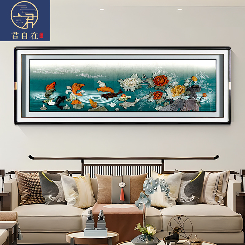 长客厅沙发背景墙玉雕挂画立体浮雕壁画高端富贵有余牡丹花装饰画图片