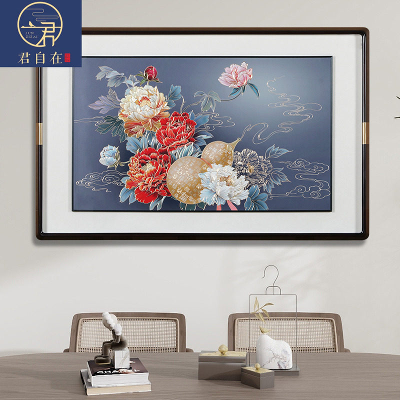 手工铜板牡丹葫芦图高档餐厅墙壁装饰画客厅玄关新中式铜雕挂画