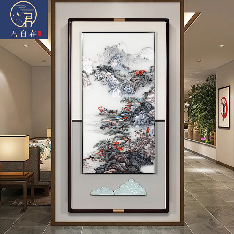 新中式刺绣入户玄关装饰画客厅苏绣挂画走廊过道山水壁画墙画竖版图片