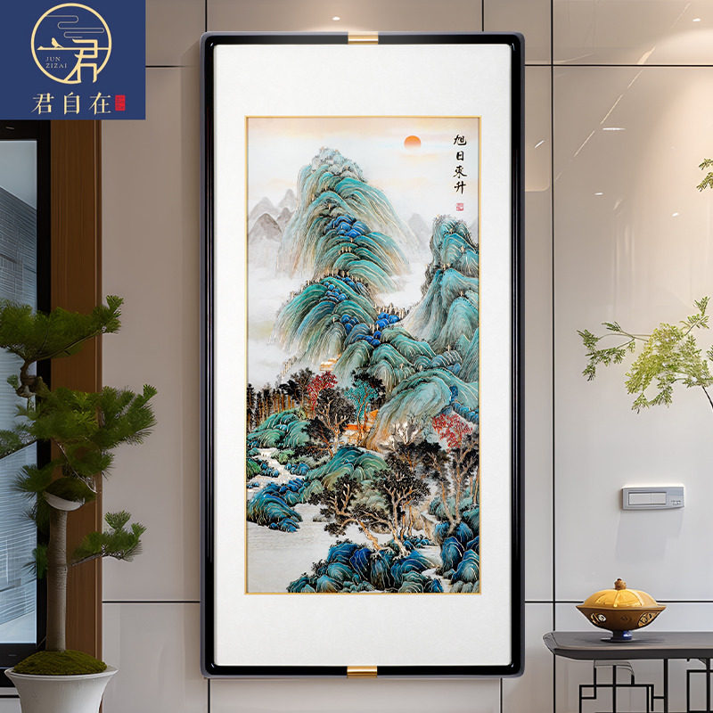 入户玄关正对门新中式装饰画旭日东升山水手工錾刻铜雕走廊挂画