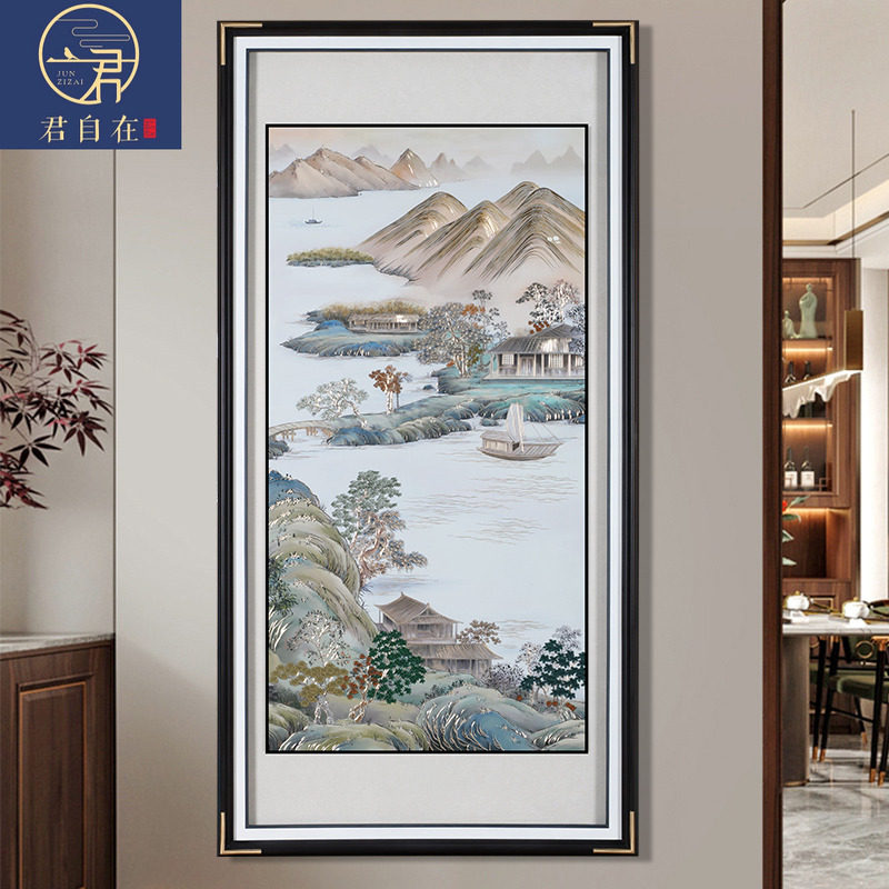 背靠金山手工铜板铜雕装饰画山水画靠山图入户玄关竖版新中式高端