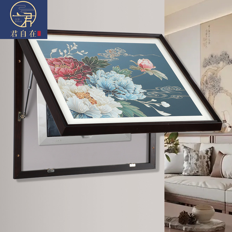 花开富贵电表箱手工铜雕画胡桃木