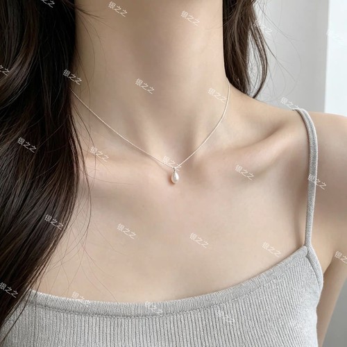 s925纯银米粒小吊坠淡水珍珠项链女文艺简约气质百搭锁骨链礼物