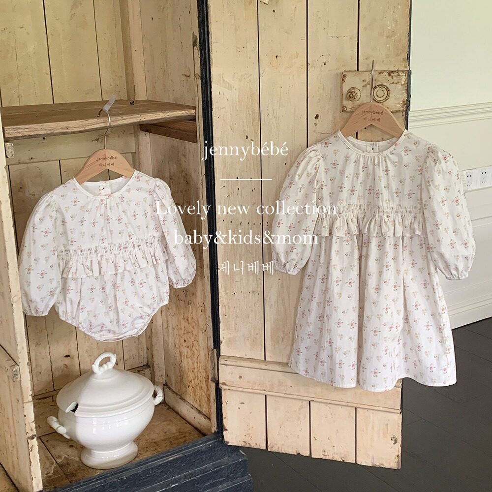 {jennybebe}春ins风婴儿韩系碎花爬服女宝宝收腰连衣裙姐妹装