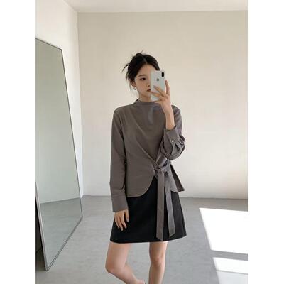 韩系早春法式气质温柔小众不规则设计感系带收腰立领长袖衬衫上衣