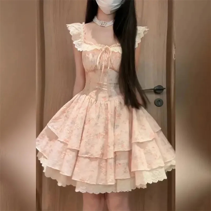 法式温柔风小飞袖花边碎花连衣裙女2025夏季收腰超仙蓬蓬公主短裙