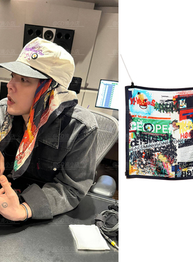 2025新款gd权志龙同款涂鸦风格方巾pmo字母印花复古嘻哈丝巾头巾