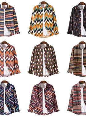 2025 autumn shirt 新款男士长袖民族风衬衫时尚休闲宽松印花衬衣