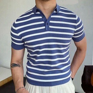 2025夏季新款翻领针织衫蓝色条纹商务男士polo衫短袖Men T-Shirt