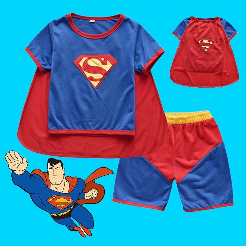 夏季新款男童超人披风扮演服Superman cosplay短袖英雄联盟表演服