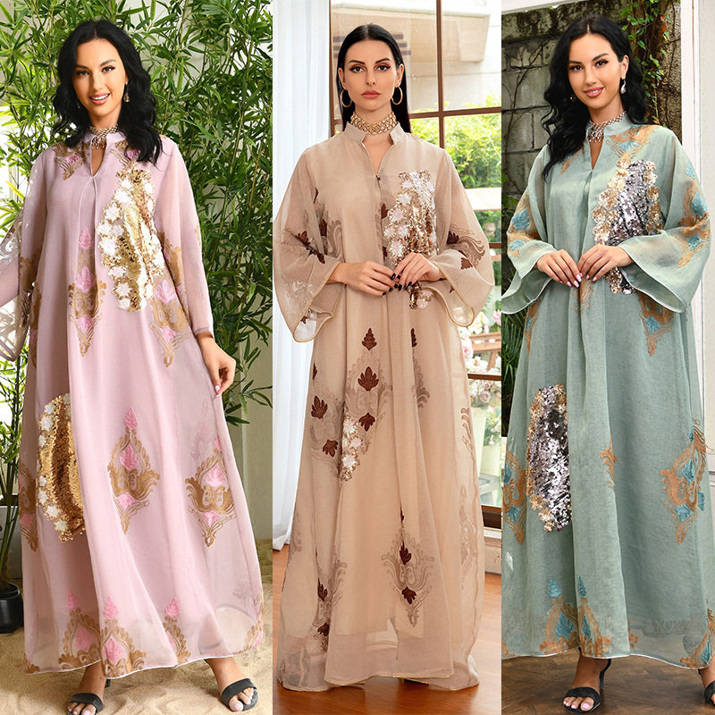 独立站2022中东a型女晚礼服珠片绣花连衣长裙女Indonesian dress
