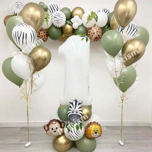 28PCS Jungle Animal Balloon Kit With White Number Monkey Lio