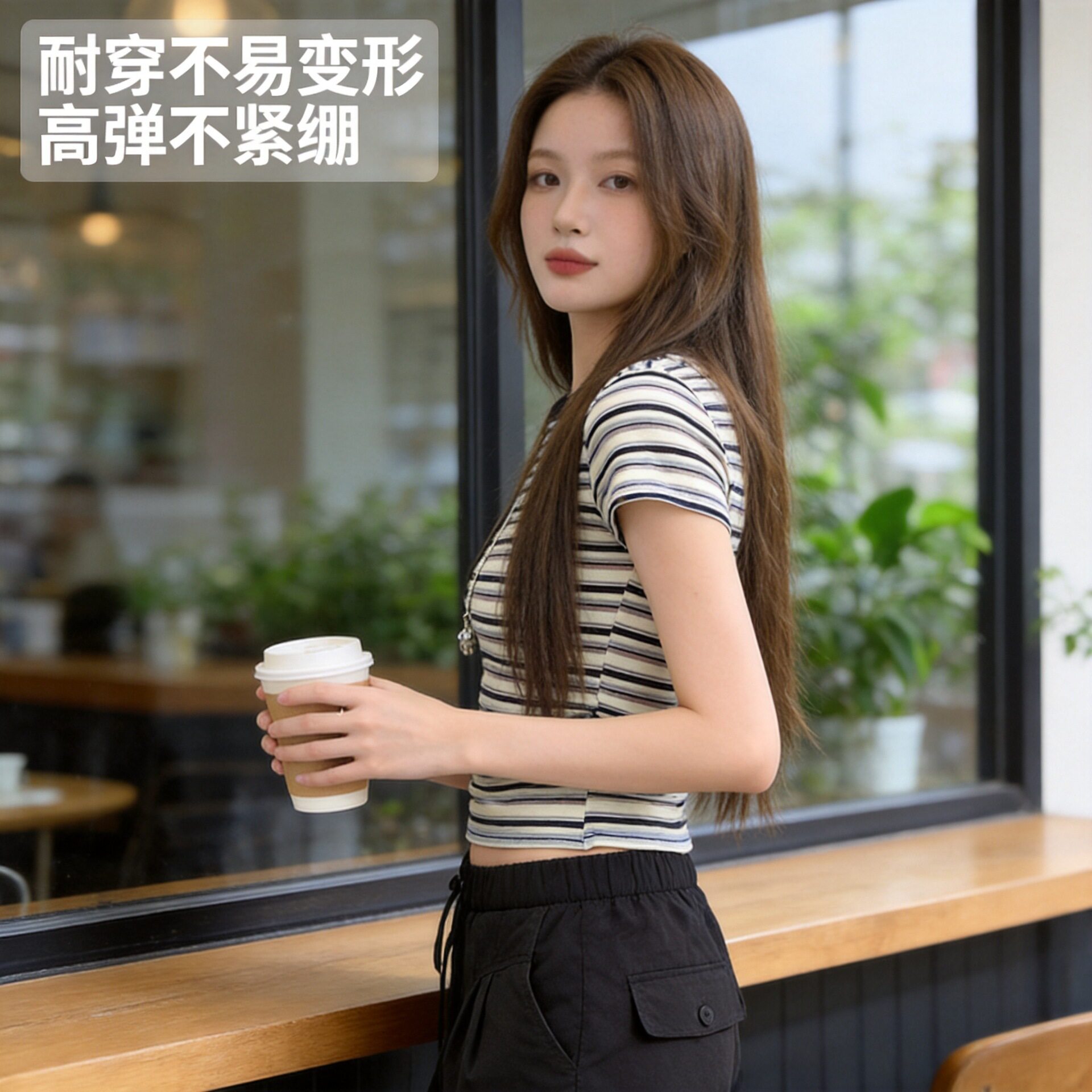 夏季撞色条纹纯棉修身女T恤