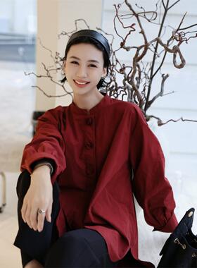 TT设计师【杜鹃】港味覆古大红衬衫微落宽松直身廓形上衣女秋新款