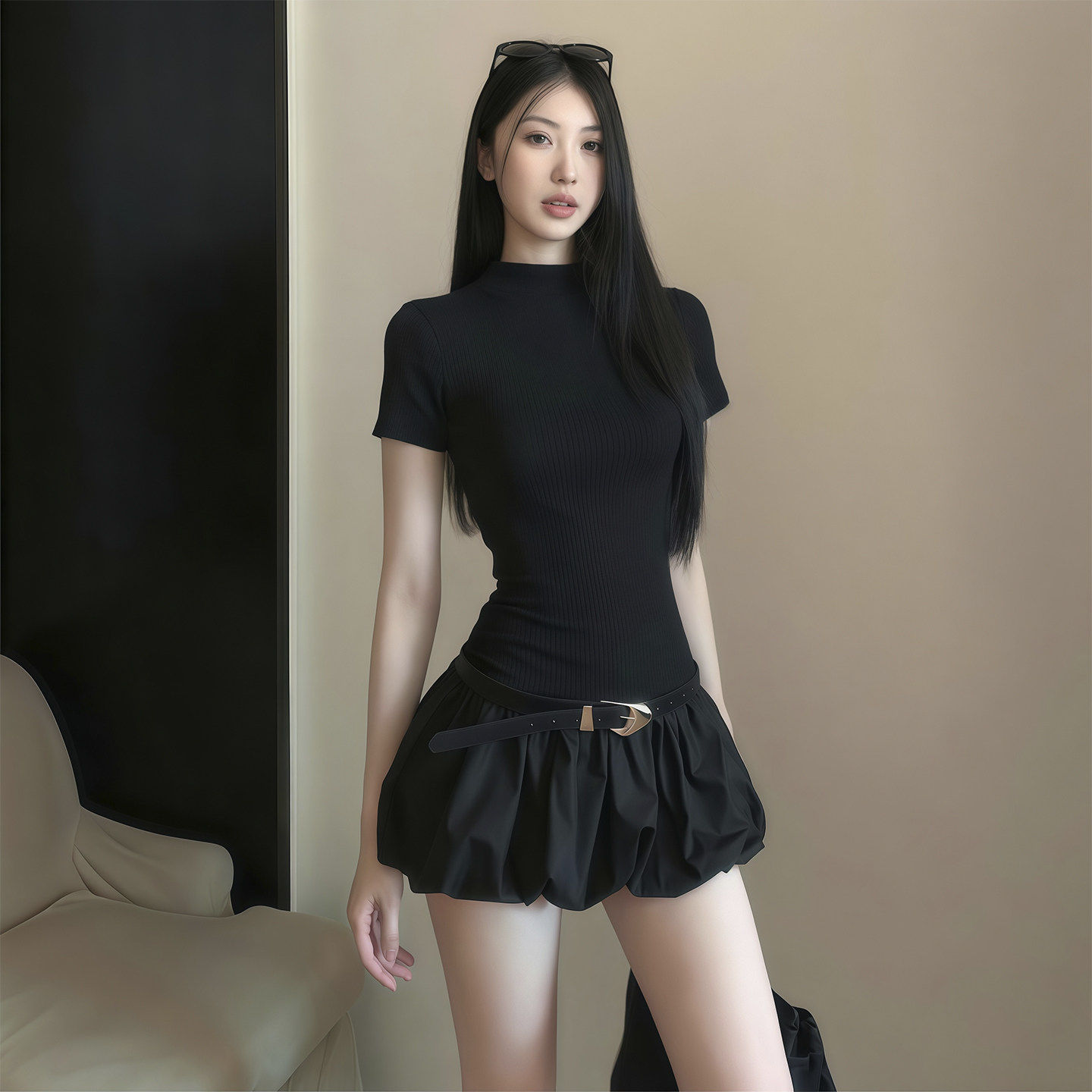 辣妹修身显瘦掐腰小黑裙子女夏季短款收腰黑色A字花苞蓬蓬连衣裙