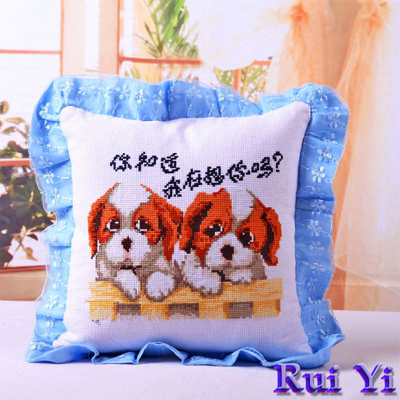 十字绣抱枕新款印花情侣爱情两只小狗靠垫一对单个可爱卡通动漫