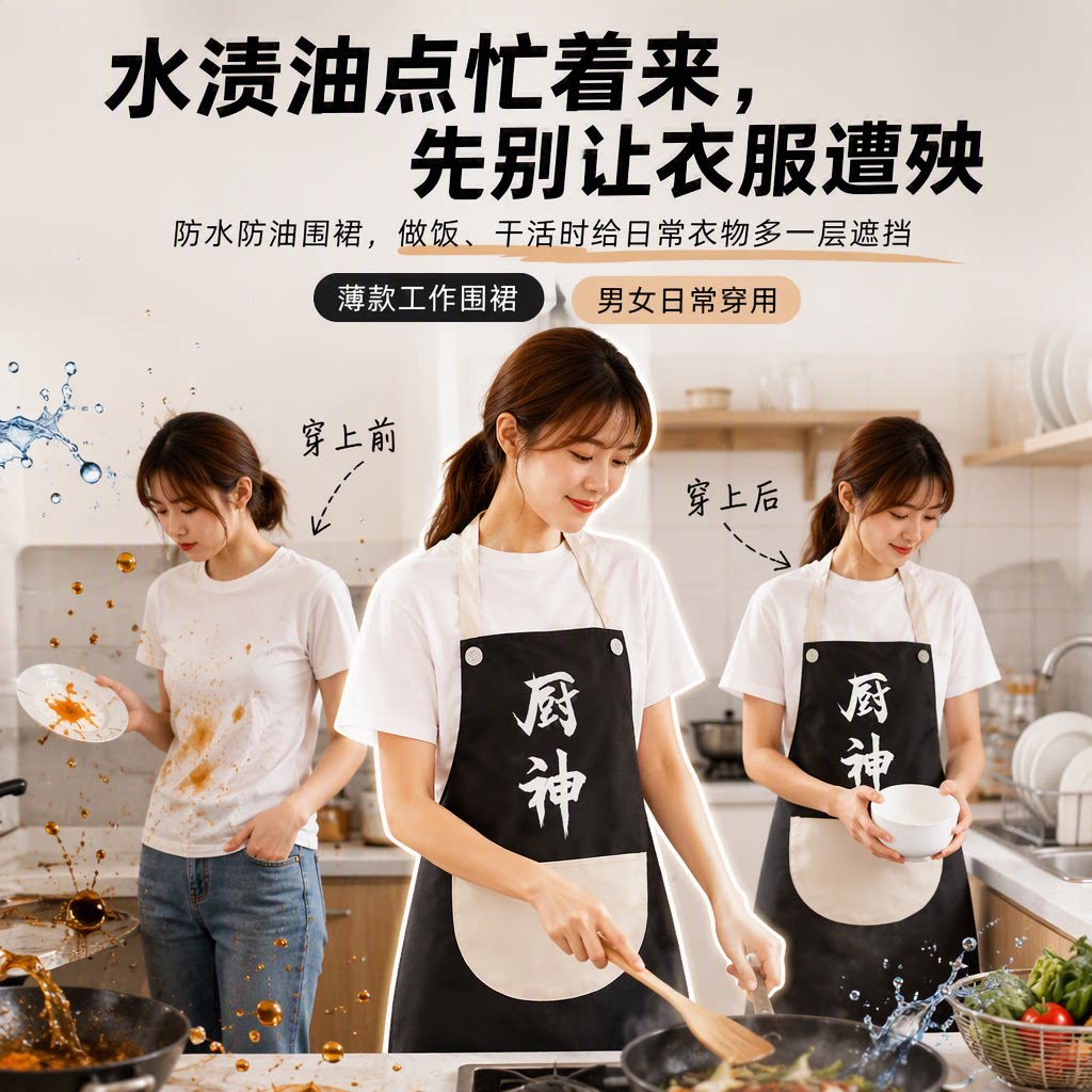 防水防油薄款厨房围裙情侣款