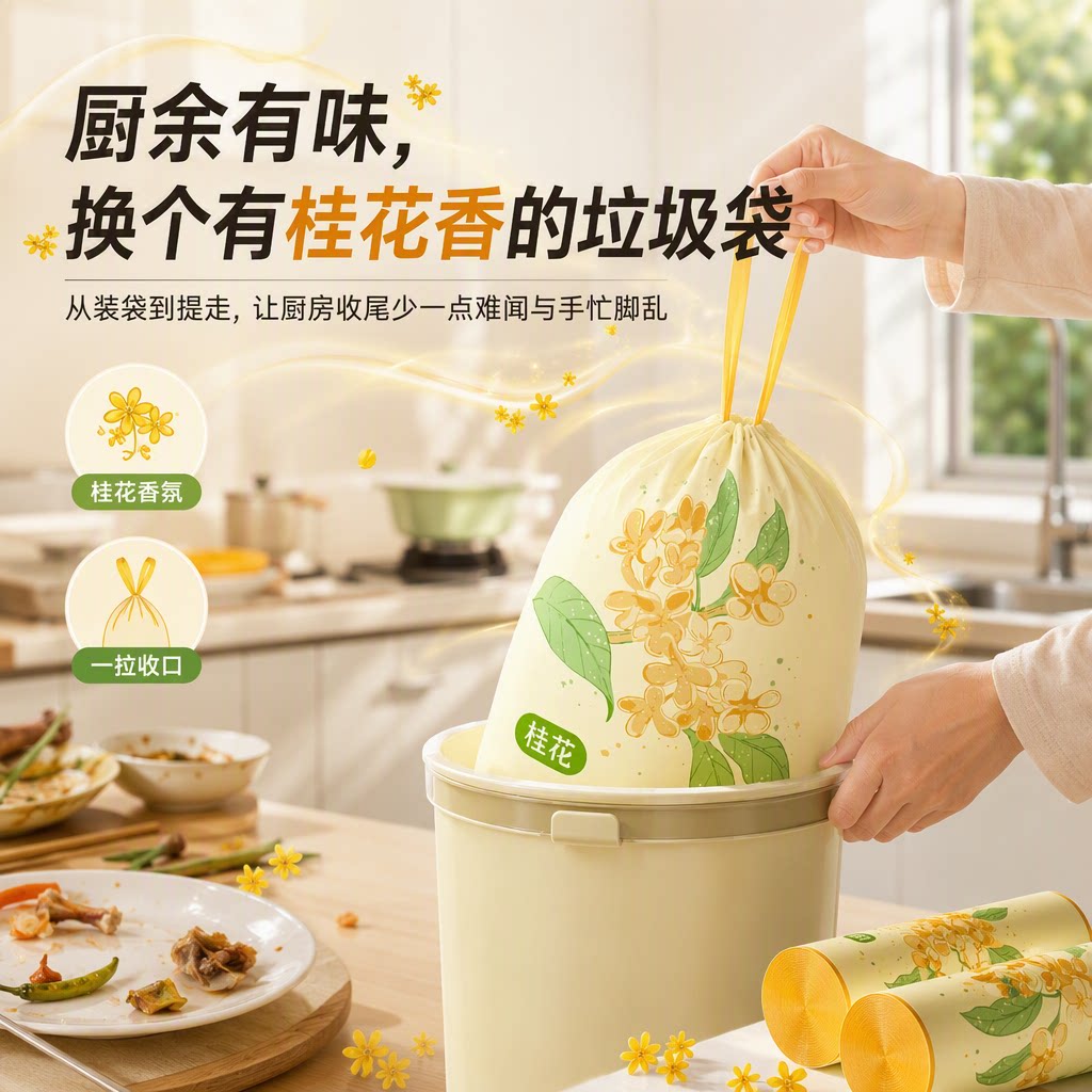 桂花香氛免撕加厚抽绳垃圾袋