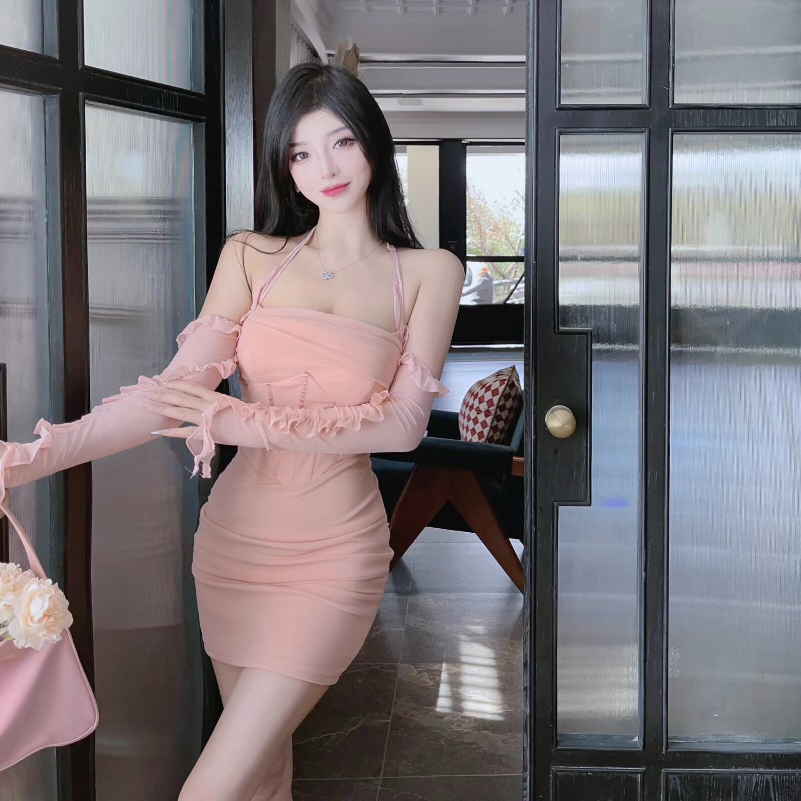 纯欲辣妹风 性感挂脖一字肩鱼骨连衣裙2022年秋网纱束腰包臀裙女