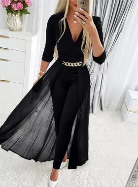 V领网纱链条连身裤 Chain Decor Sheer Mesh Overlay Jumpsuit