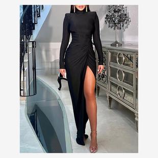 Shoulder Party High Ruched Dress高领垫肩开衩礼裙 Slit Padded