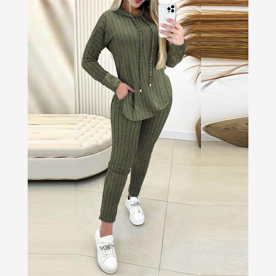Women Two Piece Sets宽坑条蕾丝拼接兜帽上衣+裤子两件套装女
