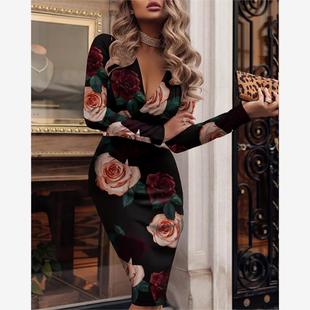Ruched Floral Skinny Plunge Dress深V褶皱包臀连衣裙 Print