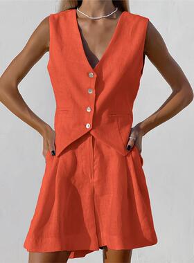 无袖背心短裤马甲套装 Solid Color Sleeveless Vest Shorts Set