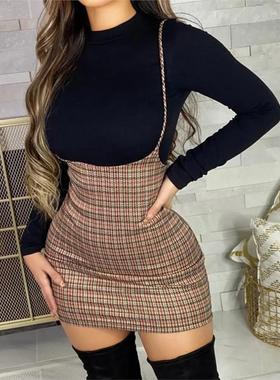 黑色上衣格纹紧身裙套装 Top & Plaid Print Suspender Skirt Set