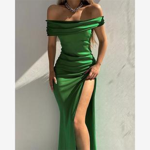 High Shoulder Off Dress Satin Evening Slit 一字肩開叉連衣裙