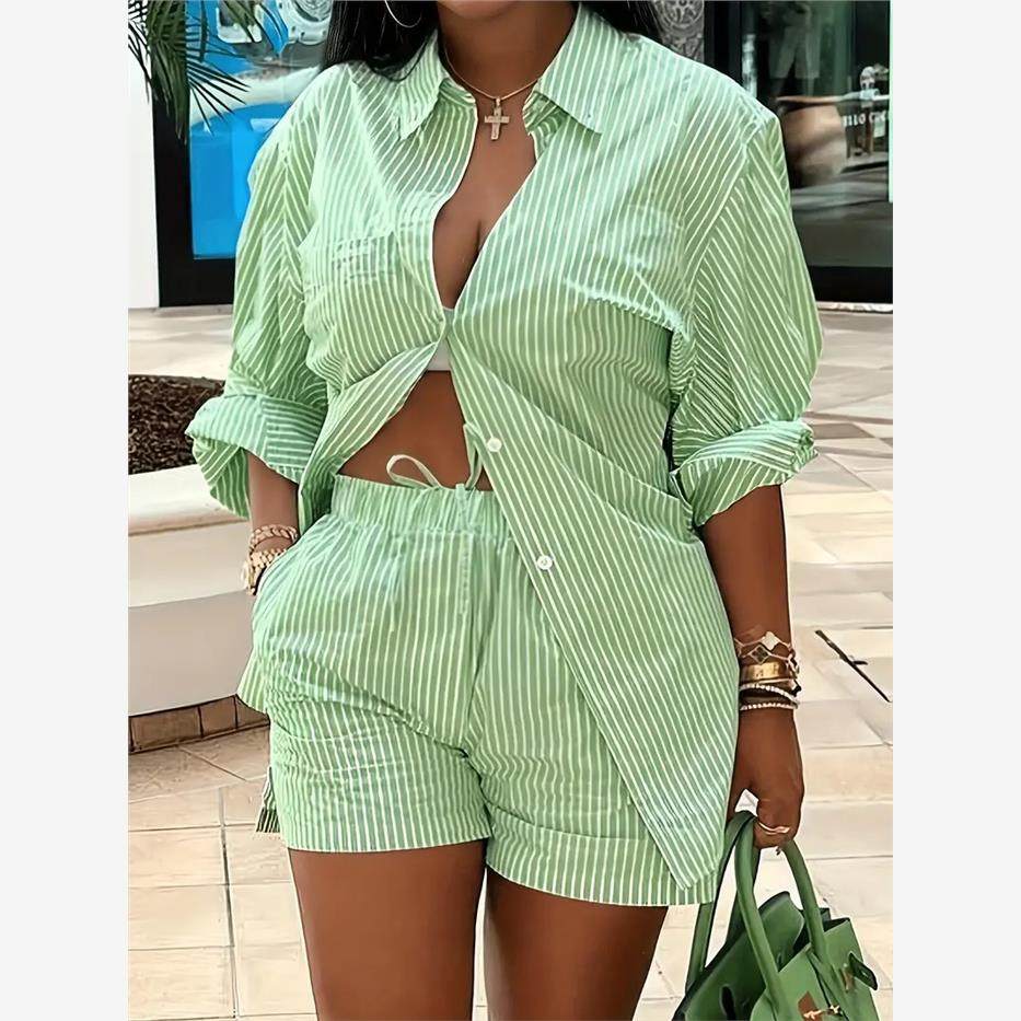 条纹衬衣短裤休闲套装 Striped Shirt Shorts Casual Set,女装/女士精品,时尚套装,淘宝优惠券,粉丝福利购,淘宝优惠卷
