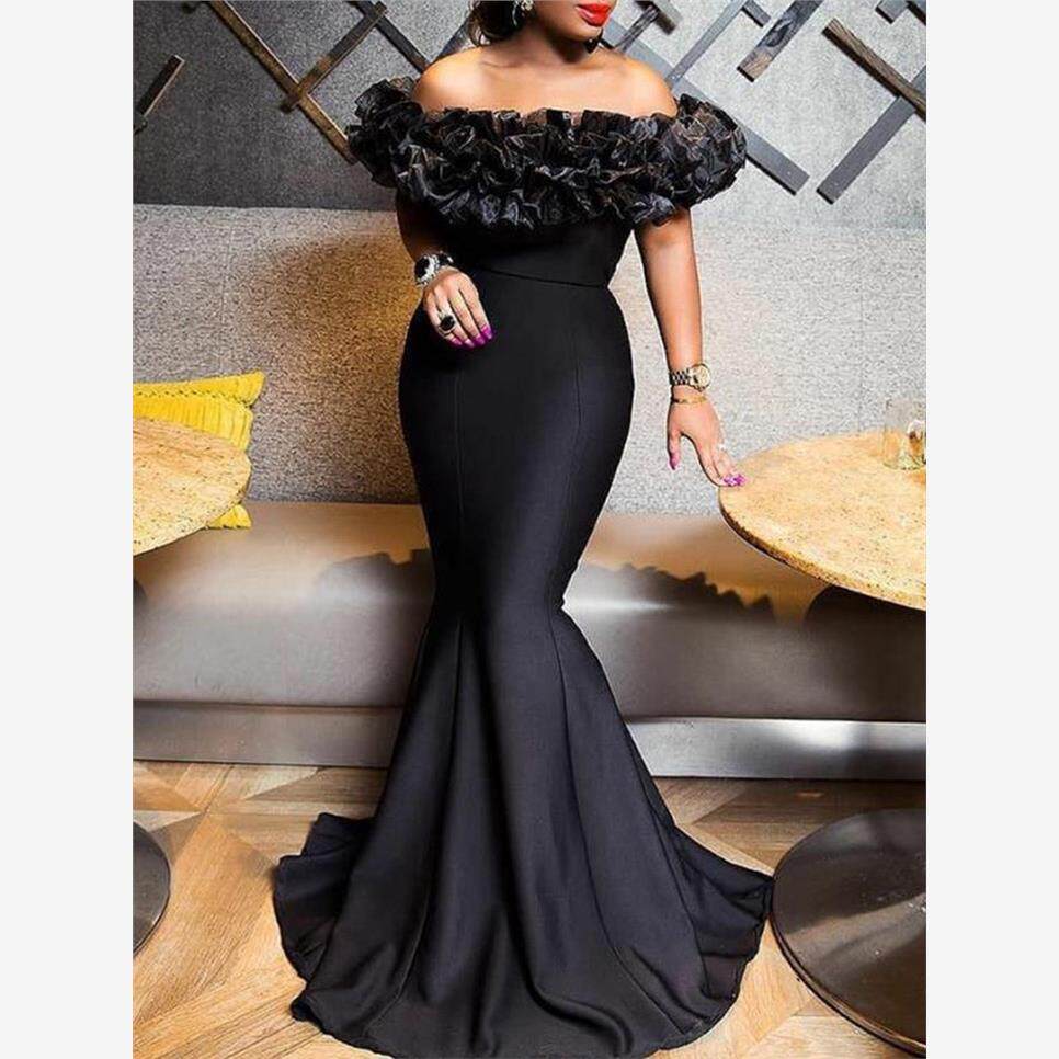 Plus size Party Dress Women Slim Ruffles Solid Maxi Dress