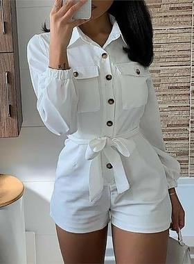 长袖翻领白色连体短裤女Casual Womens Rompers and Jumpsuits