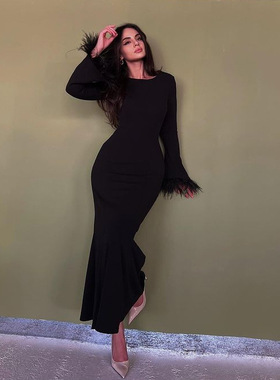 Womwn Long Sleeve Black Dress羽毛袖口长款连衣裙收腰显瘦长裙
