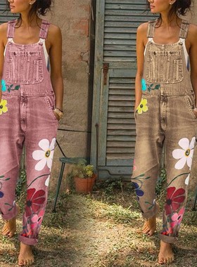 Women fashion printed jeans ladies casual suspender trousers