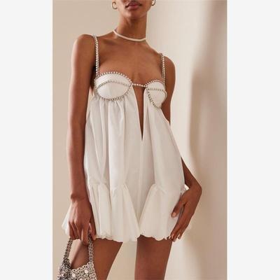 吊带钻条大摆褶皱连衣裙