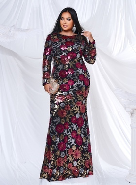Plus size Flower Sequined Gown Wedding Prom Maxi dresses