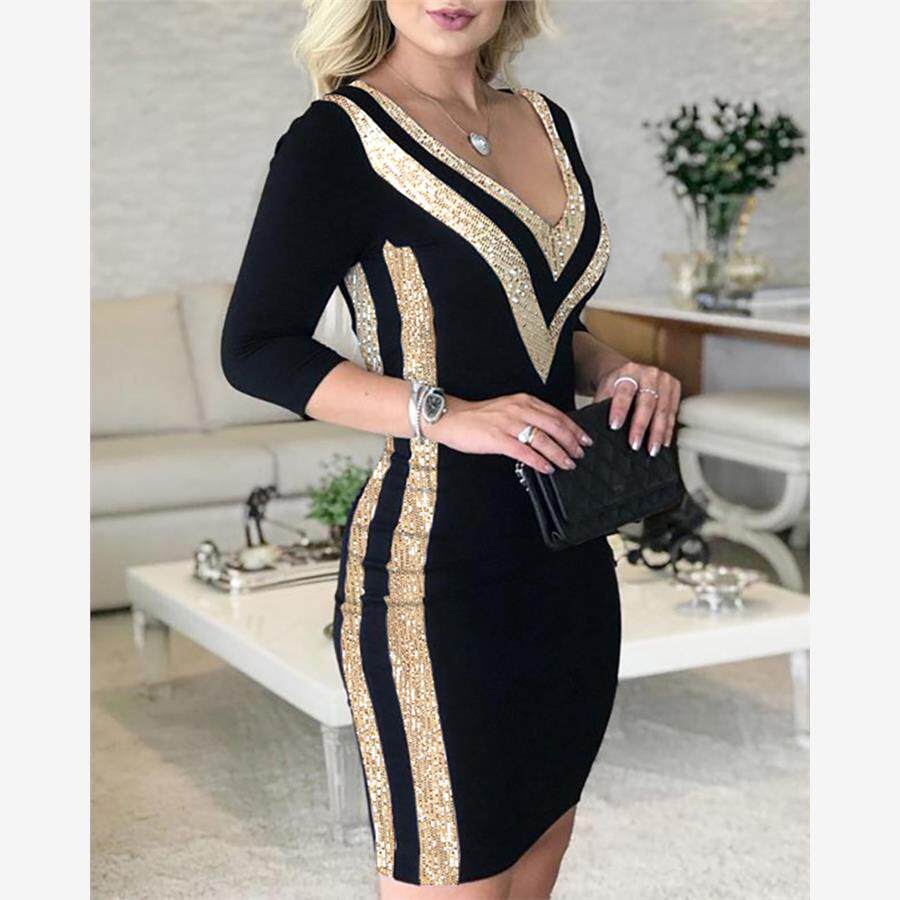 Colorblock Contrast Striped Sequins Dress珠片拼接连衣裙