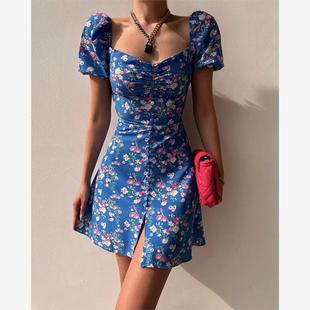 Sleeve Dress泡泡袖 Ruched Print 碎花纽扣连衣裙夏 Floral Puff