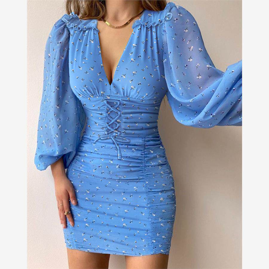 Drawstring Ruched Lantern Sleeve Bodycon Dress碎花V领连衣裙