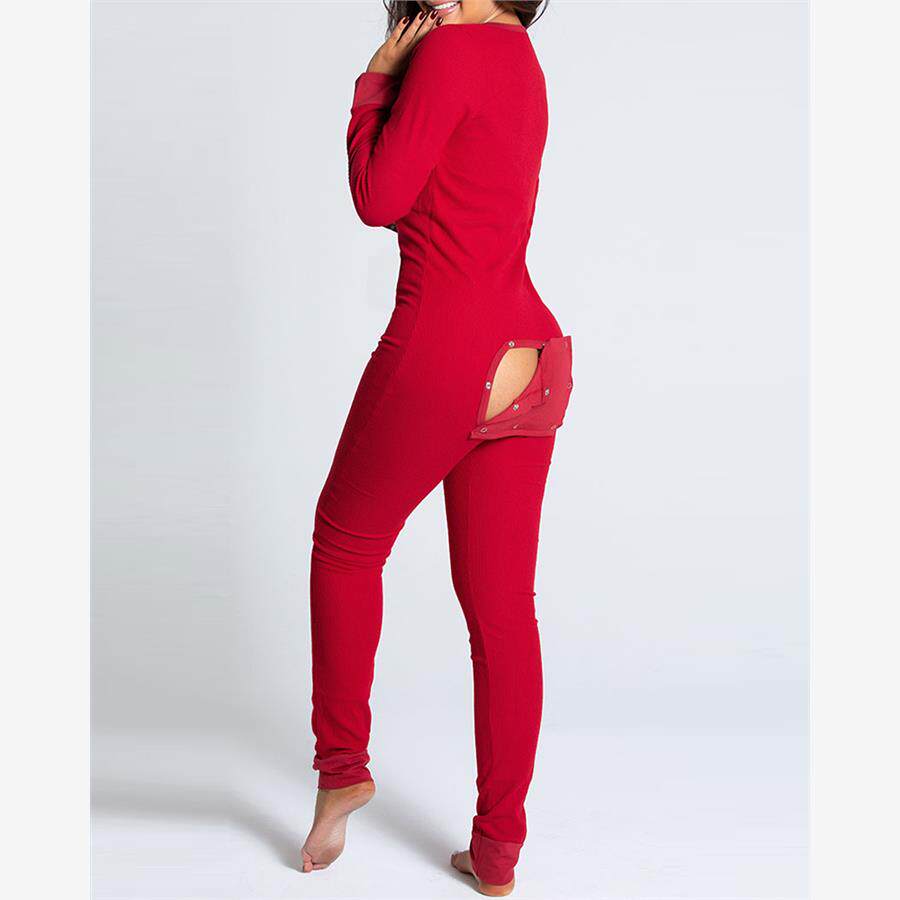 Buttoned Flap Pajamas Jumpsuit Women性感长袖连体长裤女