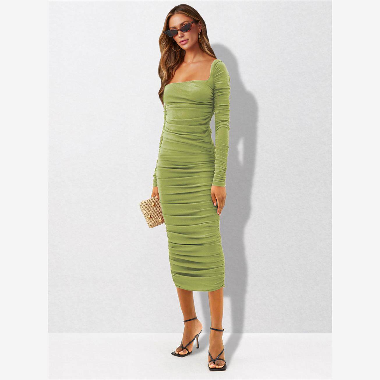 褶皱紧身丝光绒连衣裙 Pleated Tight Mercerized Velvet Dress