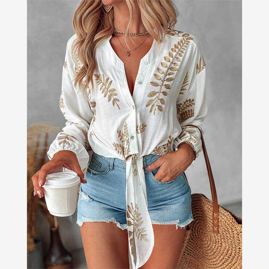 刺绣叶子绑带衬衫上衣 Embroidered Leaf Strap Shirt Top