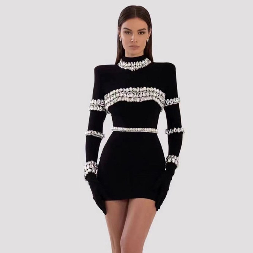 Long Sleeve Beading Bandage Mini Dresss Evening Party Dress