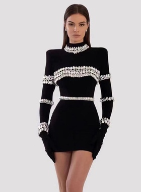 Long Sleeve Beading Bandage Mini Dresss Evening Party Dress