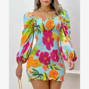 Tropical Print Puff Sleeve Shirred Dress花卉打揽长袖连衣裙